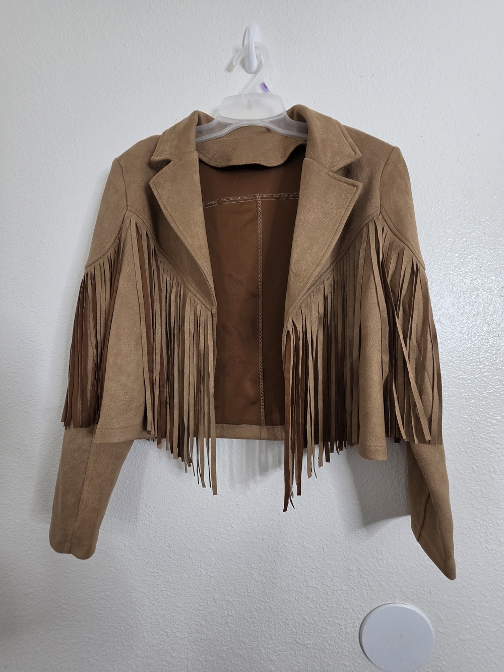 Womens Faux Suede Fringe Cropped Jacket Tan Brown Western Cowgirl Small